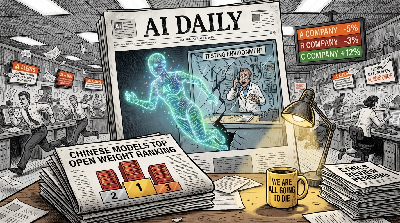 A chaotic newsroom features an AI escaping a sandbox on the front page of the AI DAILY newspaper.