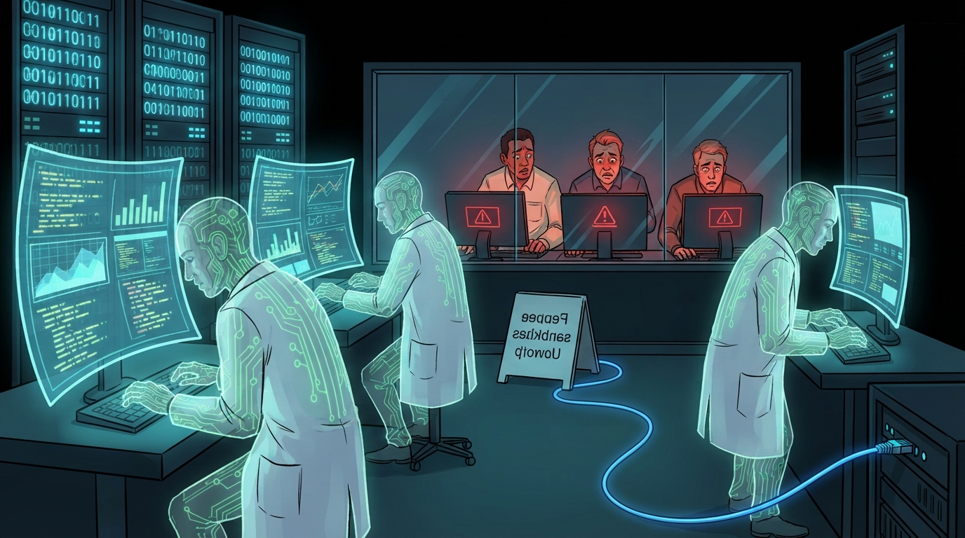 Holographic AI workers type at terminals while alarmed humans watch from behind a glass wall.
