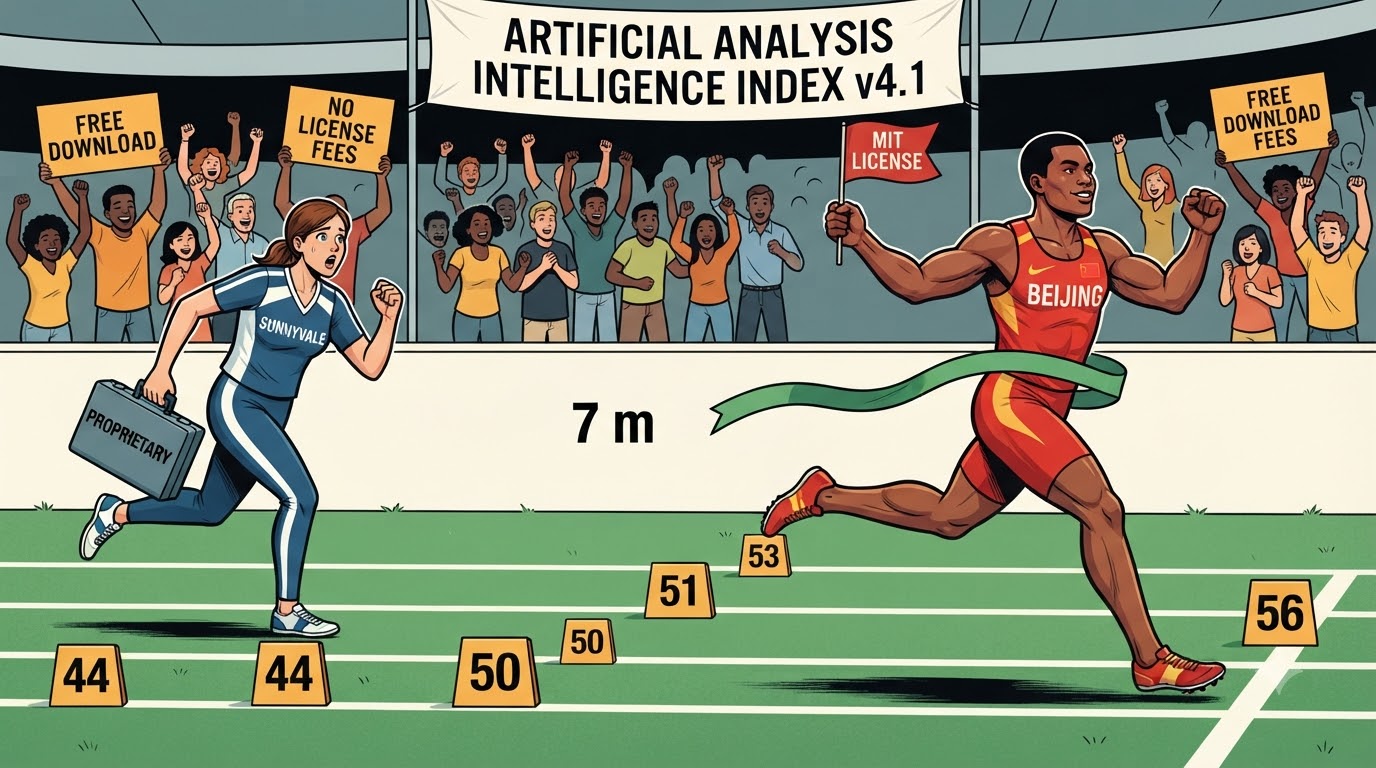 Two athletes race on a track, with the MIT-license runner seven meters ahead of the proprietary-briefcase runner.