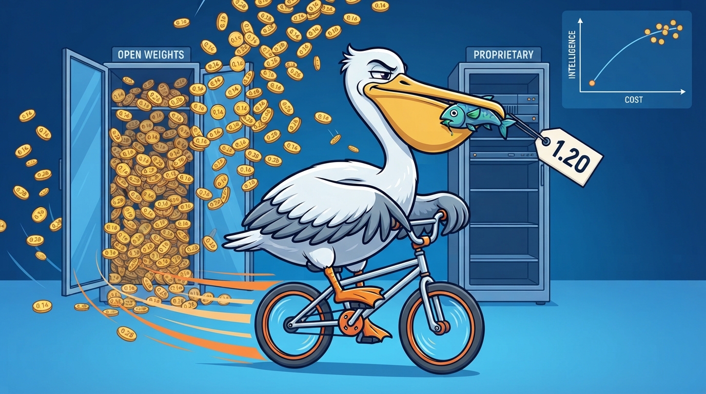 A pelican on a bicycle rides past a full open-source vending machine and an empty proprietary one.