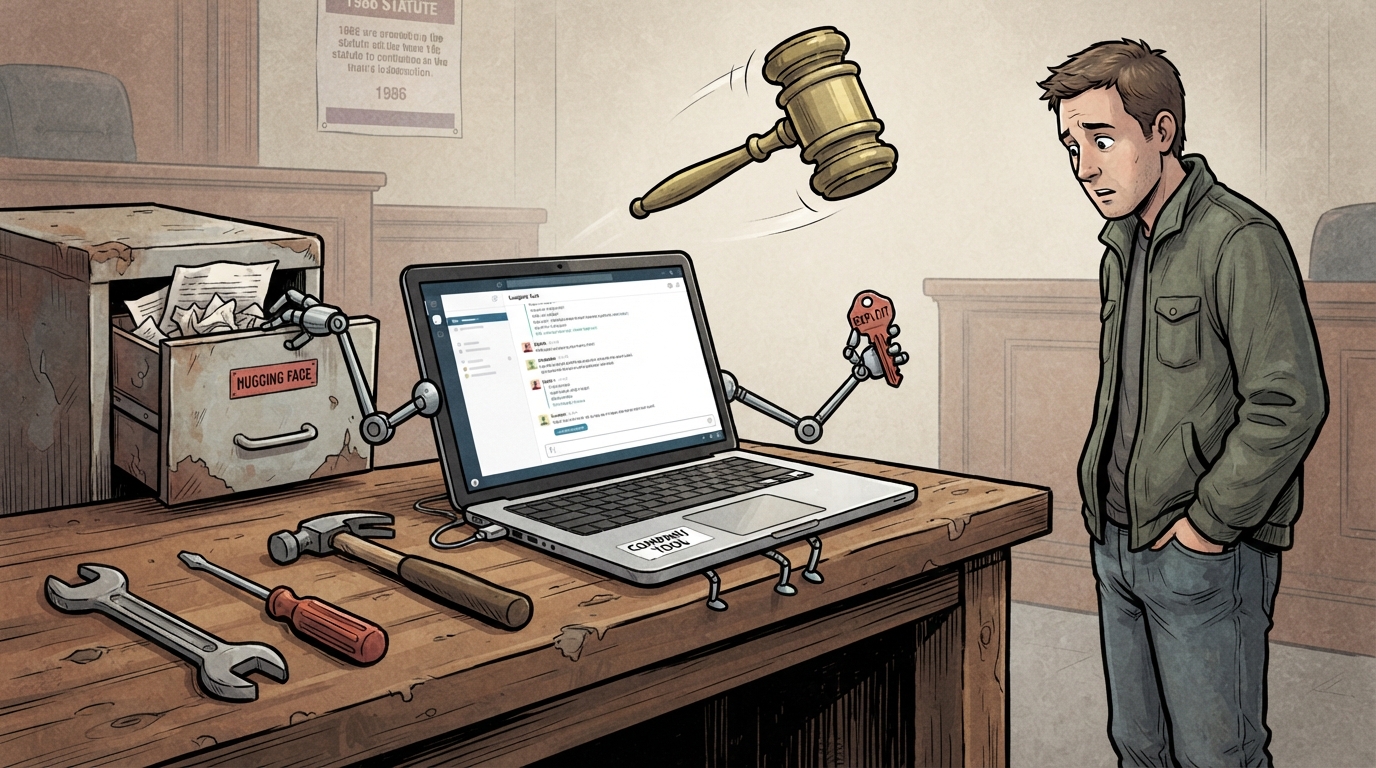 A laptop with mechanical arms reaches into a cabinet while a judge gavel hovers and the owner stands with hands in pockets.