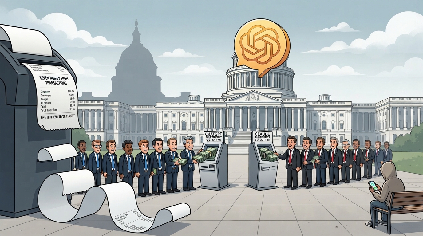 Suited officials queue at payment kiosks before a Capitol with a chat-bubble dome, while a hooded person uses a free phone.