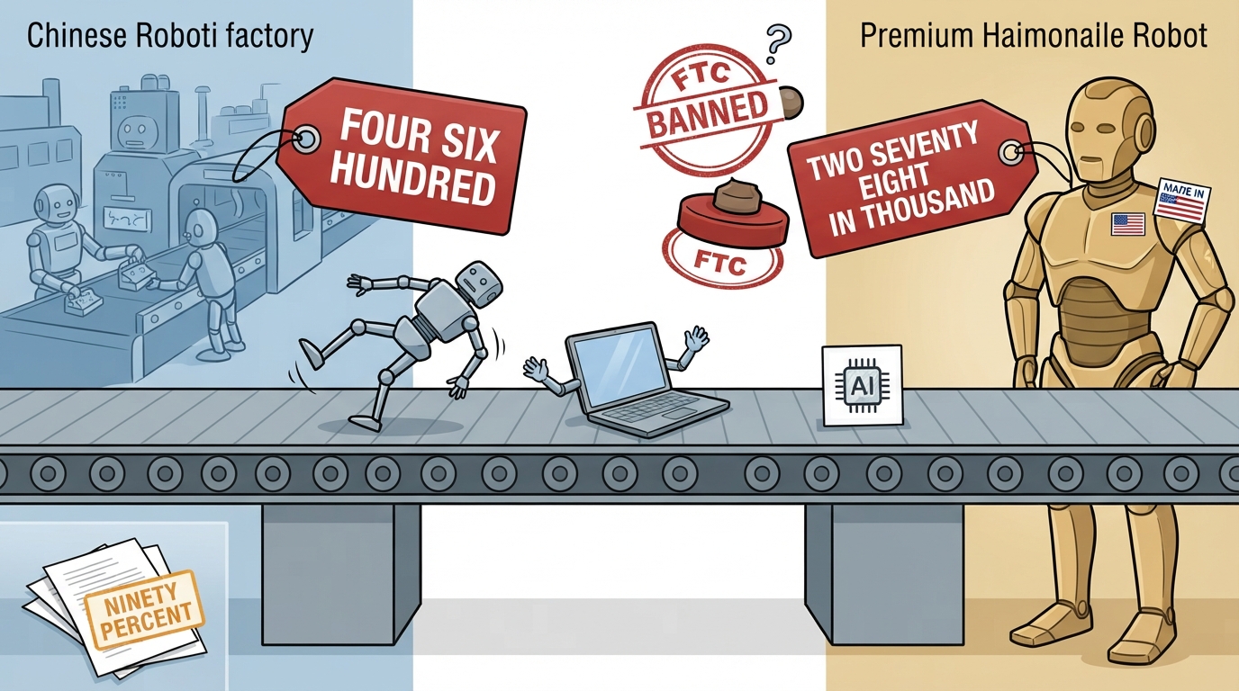 A red FTC stamp hovers over a conveyor carrying a robot, a laptop with arms, and an AI icon, flanked by cheap and premium robots.
