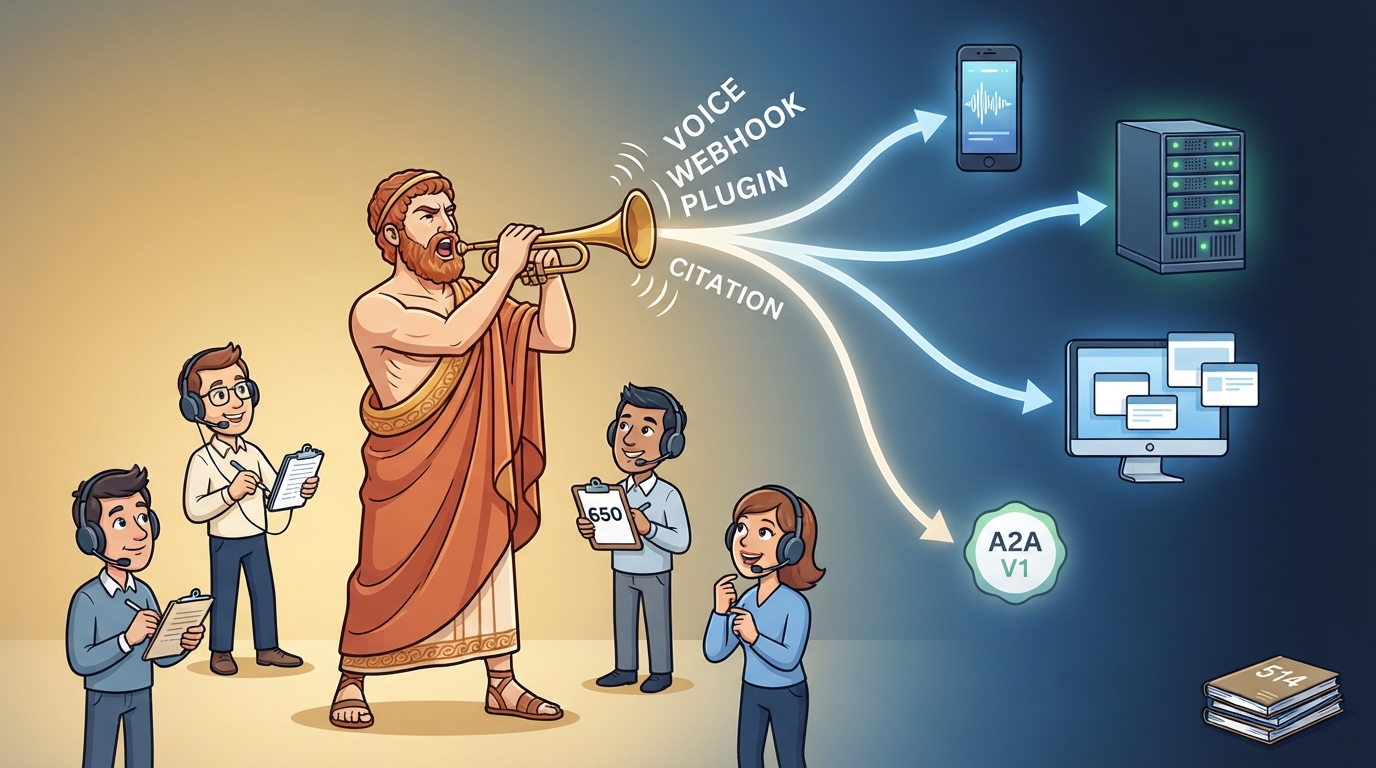 A Greek herald blows a trumpet branching into phone, server, desktop, and an A2A badge, while figures with headsets listen.