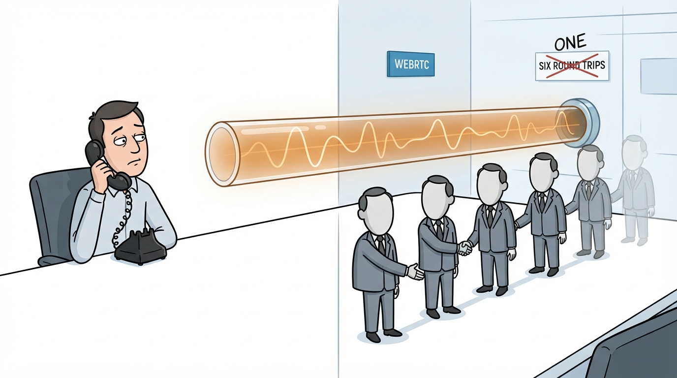 A man on the phone with a chain of six identical suited figures, bypassed by an amber audio tube.