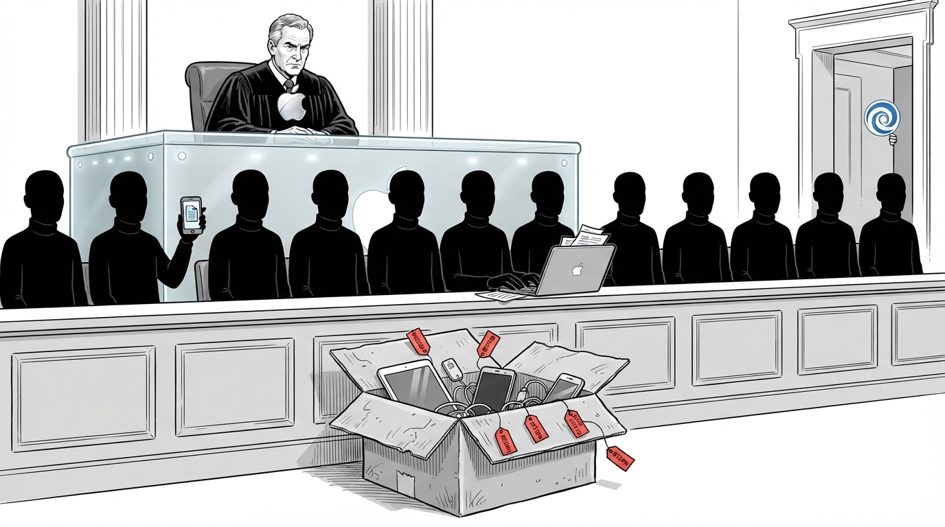A judge with a silver apple emblem presides over a row of identical black-turtleneck defendants next to a box of returned devices.