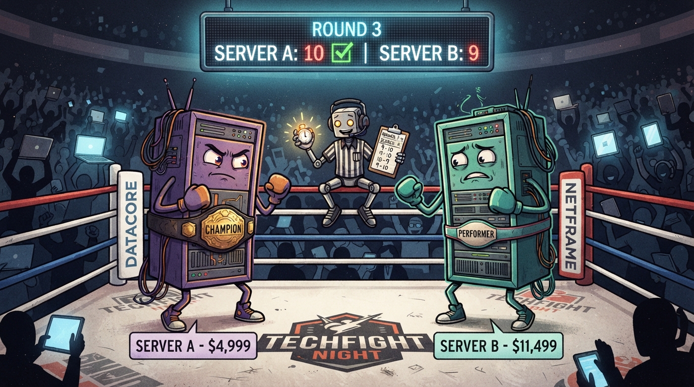 Two labeled server racks face off in a boxing ring as a robot referee compares scorecards and a price card floats above each.
