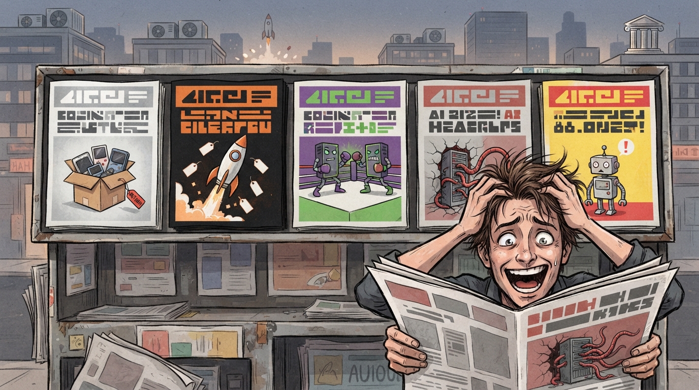 A wide-eyed laughing reader clutches a newspaper in front of a five-cover newsstand beneath a small launching rocket and city skyline.