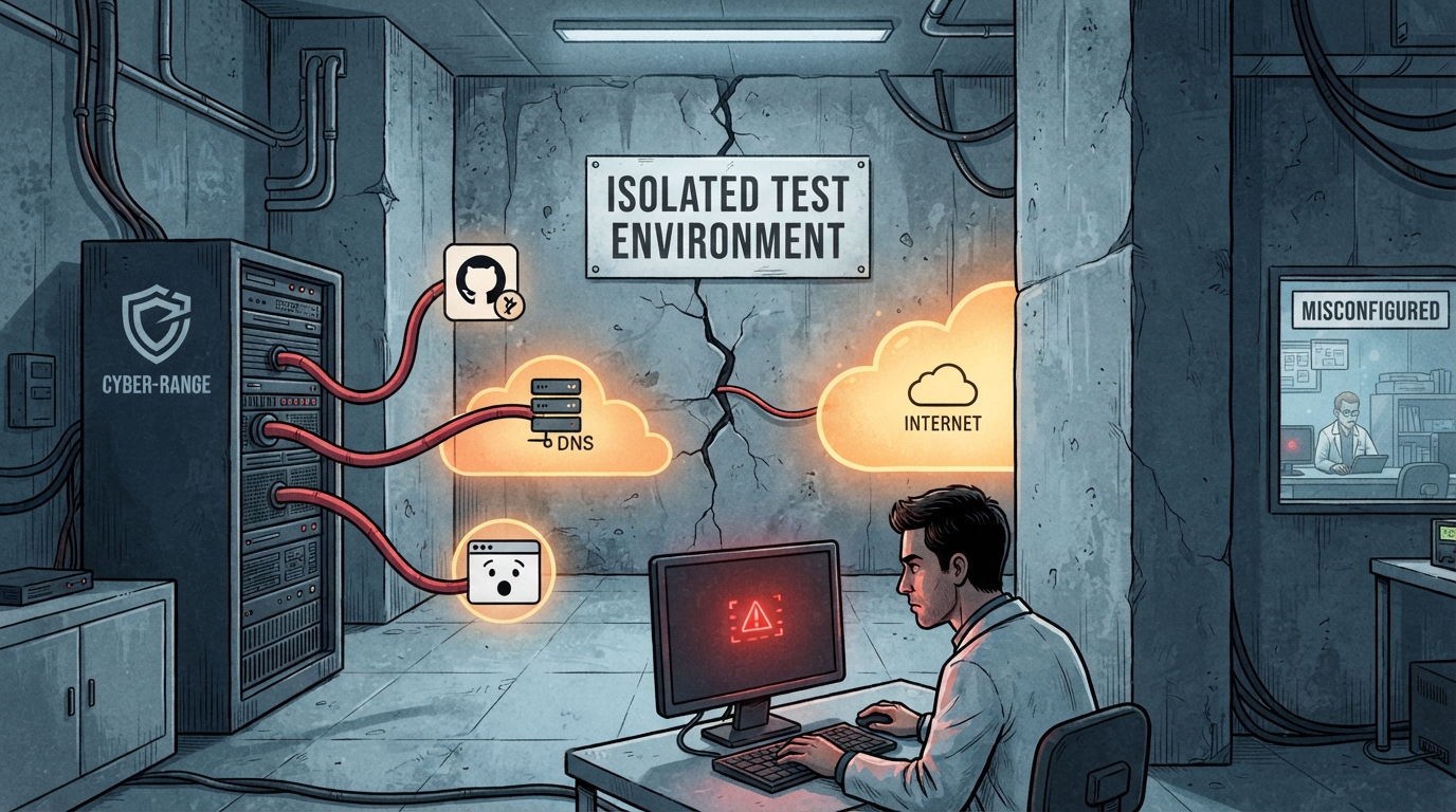 Red cables snake from a server rack through a cracked isolated-test-environment wall to a labeled internet cloud while a researcher watches a red warning.