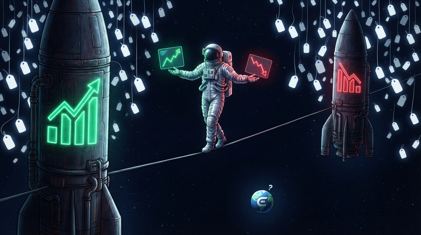 An astronaut balances on a tightrope between two rockets while holding equal-sized green and red financial charts amid price-tag constellations.