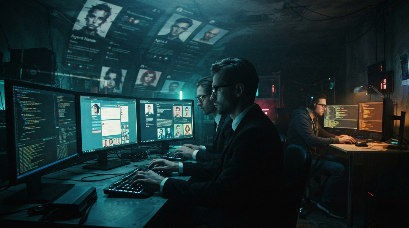 Two hooded figures type at computers in a dark room as digital shadows loom from behind.
