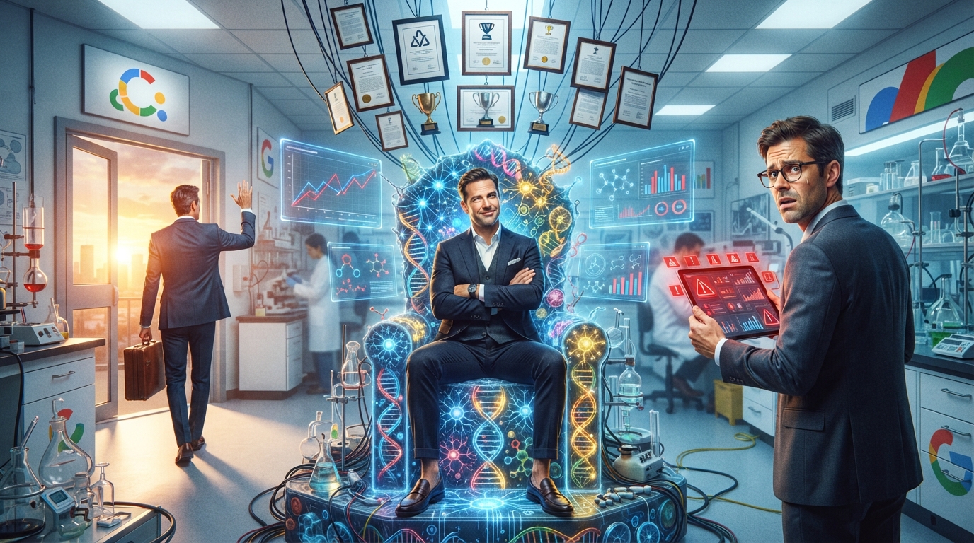 A figure sits on a lab throne while colleagues hold tablets and depart through glass doors.