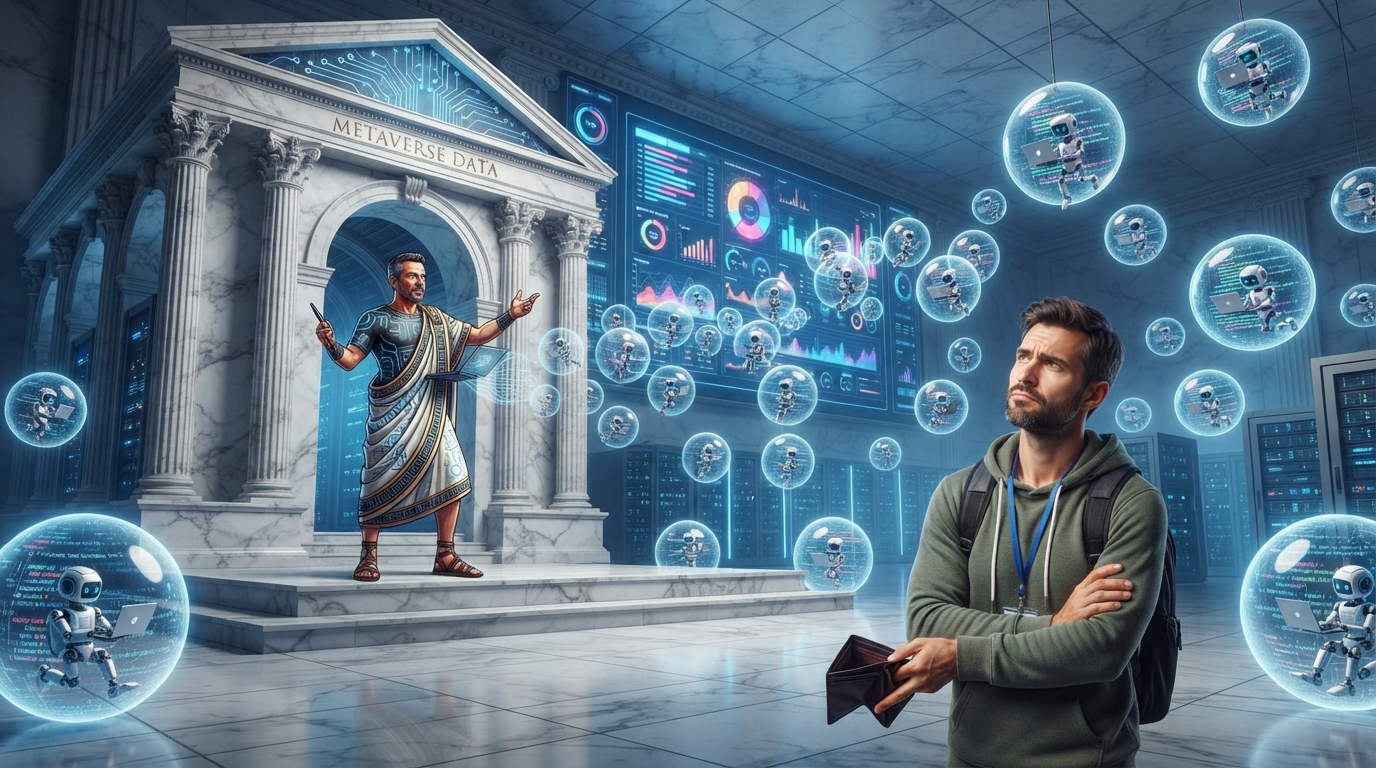 A figure in a toga stands before a Roman temple built from server racks and columns.