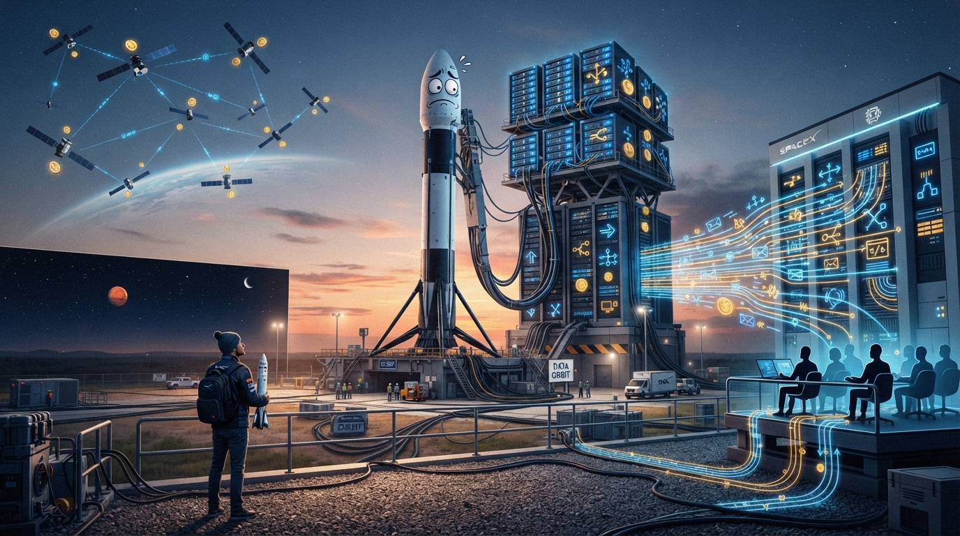 A rocket sits connected to server racks while a figure gazes at a distant red planet.