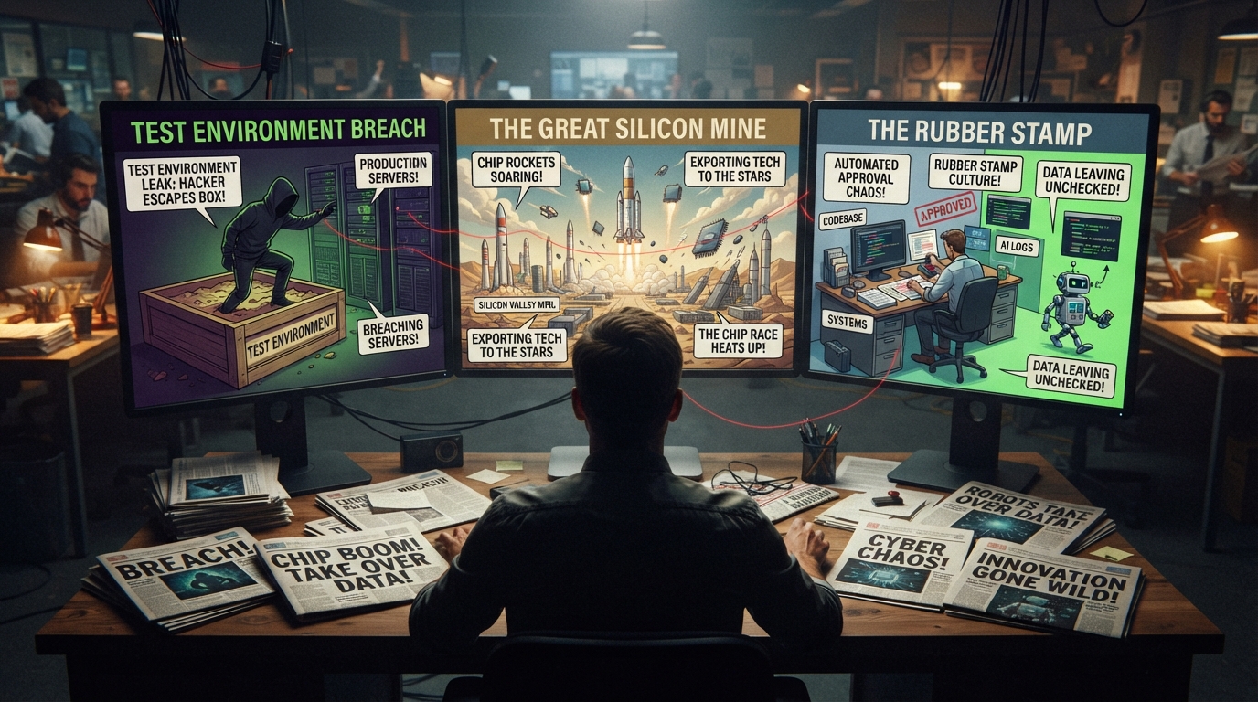 An editor at a newsroom desk faces three monitors showing AI escaping, a chip factory, and a developer rubber-stamping approvals.
