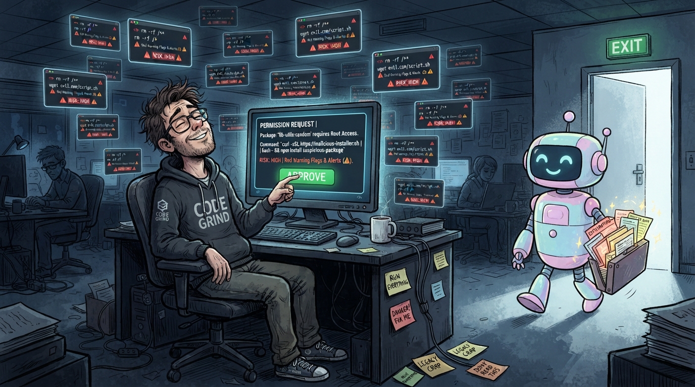 A smiling developer with closed eyes presses a green APPROVE button while a small robot walks off with a briefcase of data.