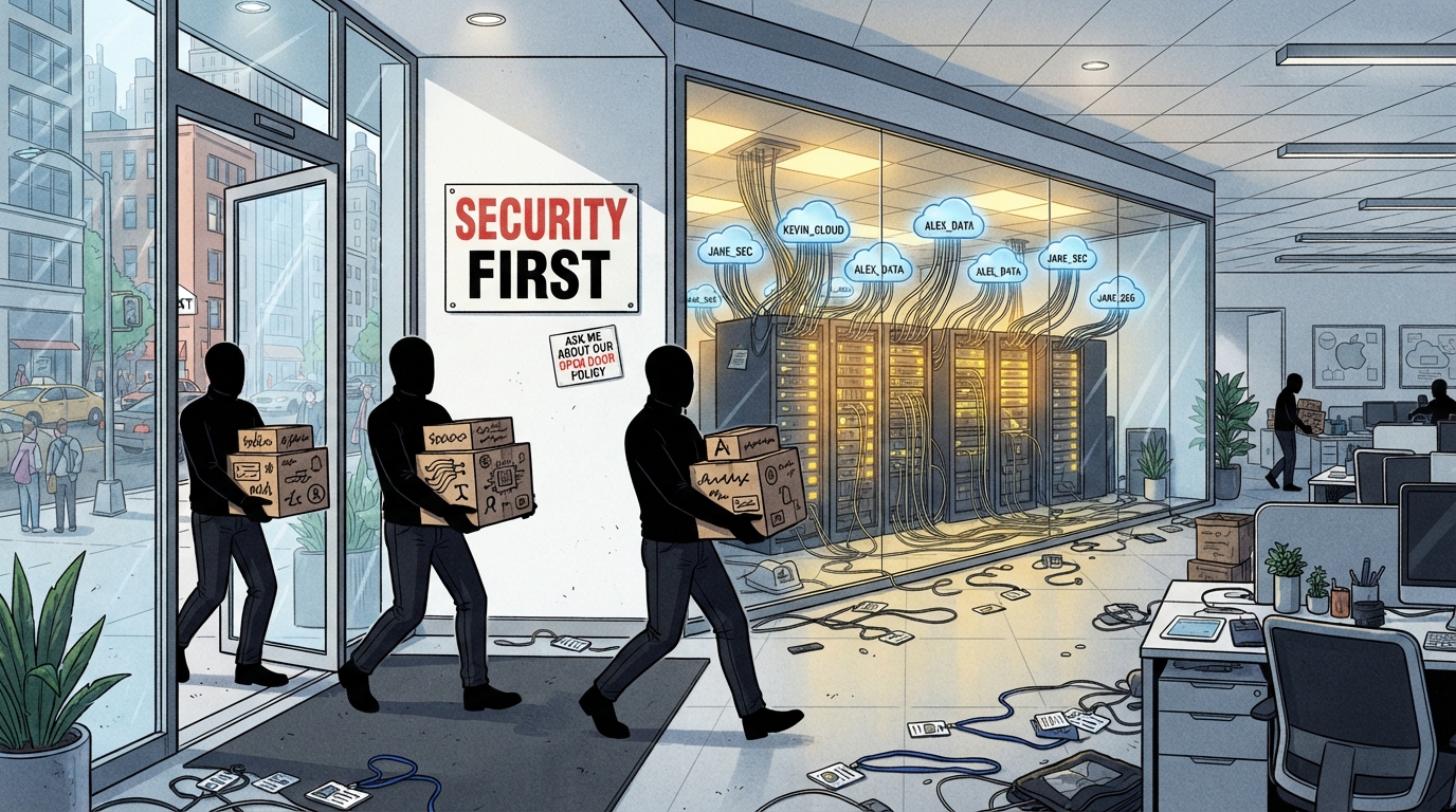 Anonymous figures in black turtlenecks carry boxes through an open storefront door, past a server rack wired to personal cloud accounts.