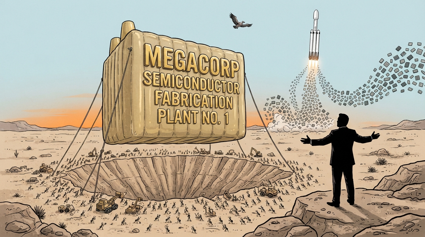 A faceless suited figure presents a giant inflatable chip-fab in a desert, with tiny workers and a rocket spewing microchips.