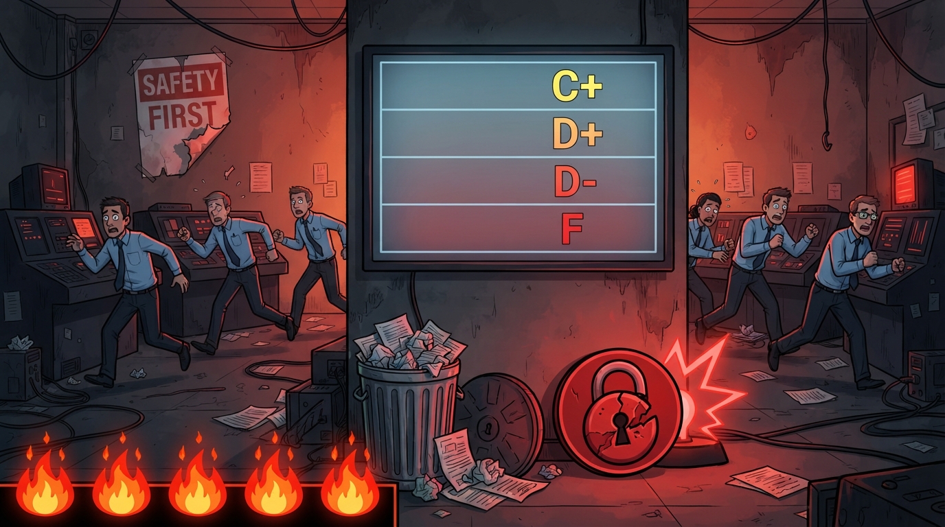 A report-card screen grades AI labs from C plus to F while alarmed engineers rush amid burning warning icons.