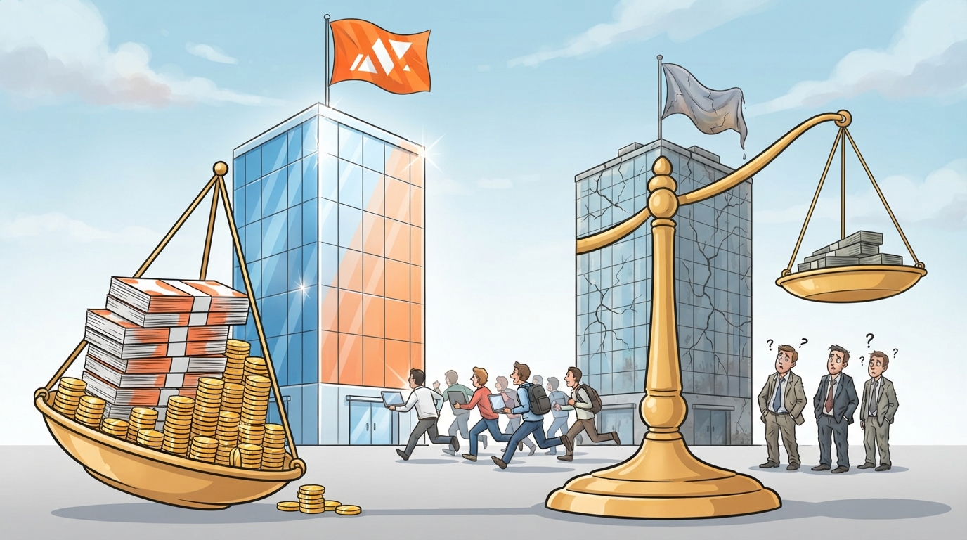 A golden balance scale weighs stacks of money above a flashy tower against an empty pan beside a cracked one.