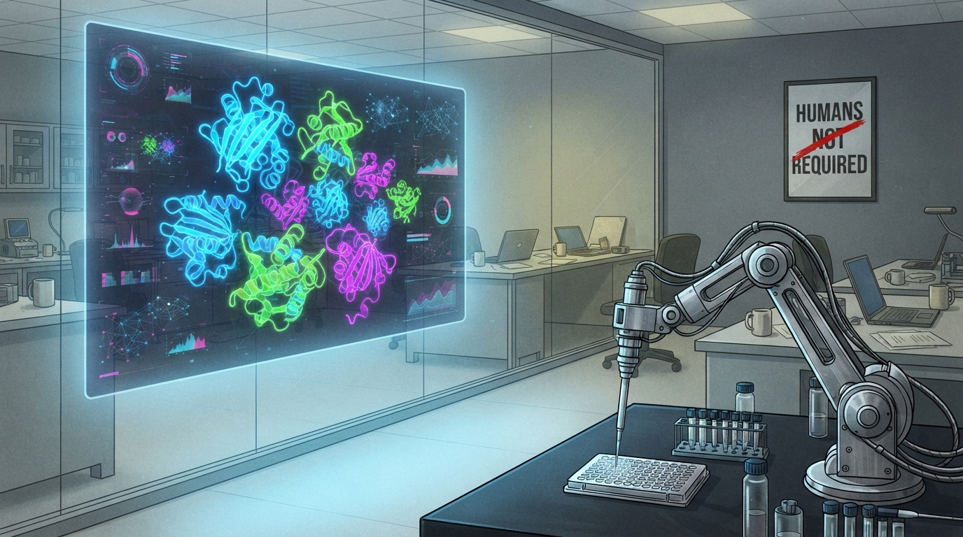 A robotic arm pipettes samples beneath a hologram of proteins while empty desks and a crossed-out poster loom behind.