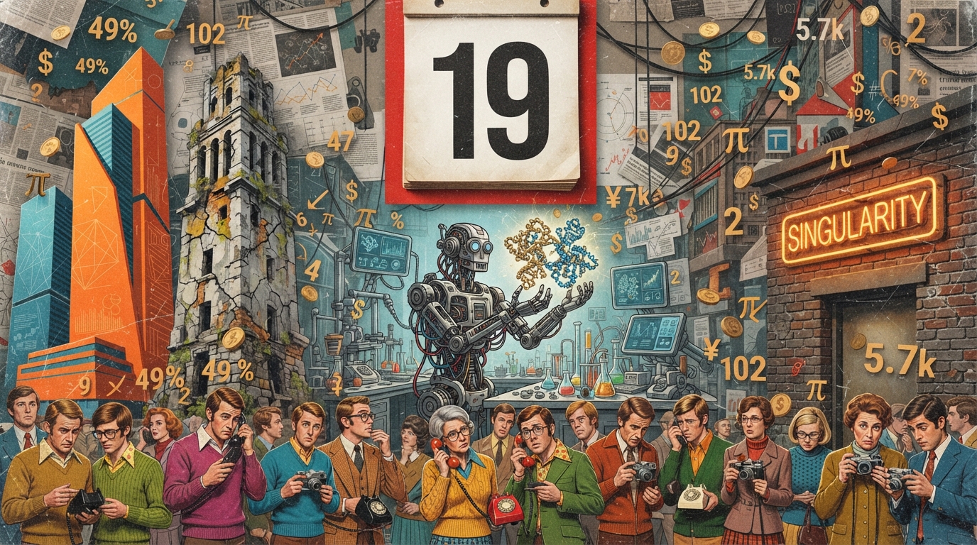 A giant calendar hangs over a robot holding a protein model while a crowd with retro phones and two contrasting towers surround it.