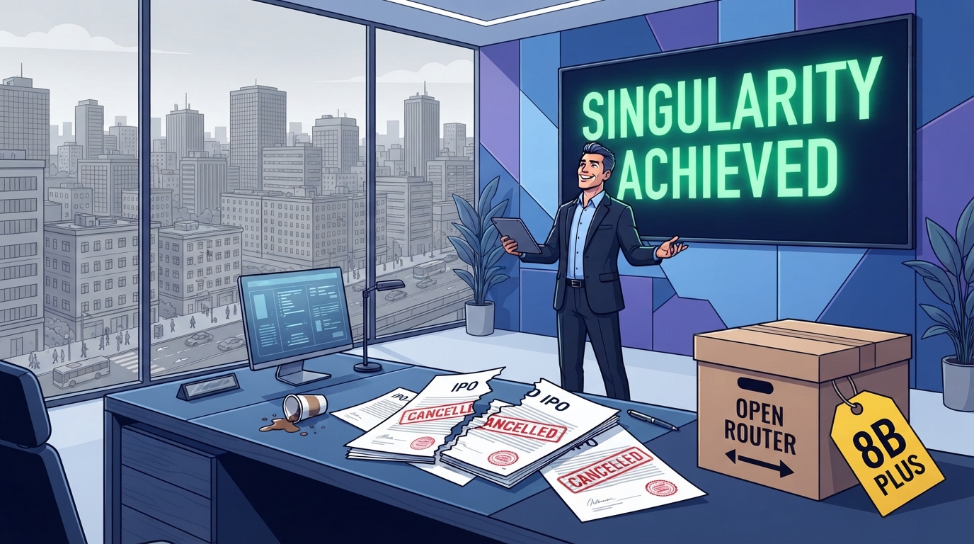 A smiling CEO gestures before a screen reading SINGULARITY ACHIEVED as torn IPO documents lie on his desk.