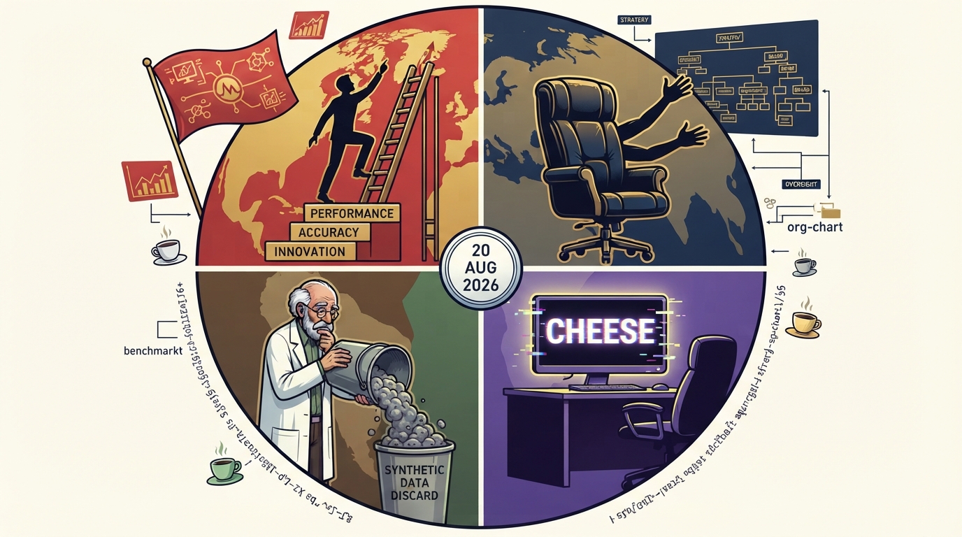 A four-panel world globe illustrates a single day of AI news across rising, consolidating, discarding, and glitching scenes.