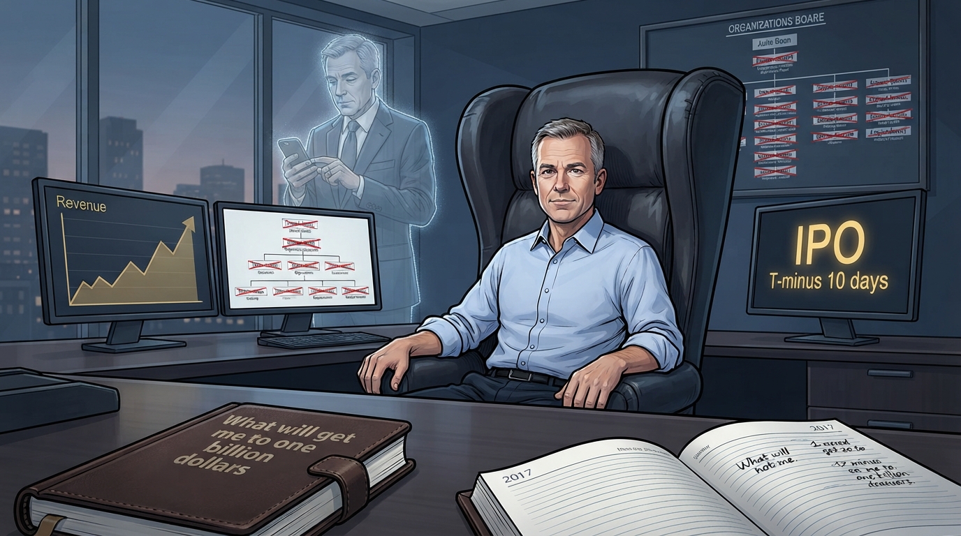 A president in an oversized chair views revenue and an IPO timer while a translucent former CEO checks his phone.