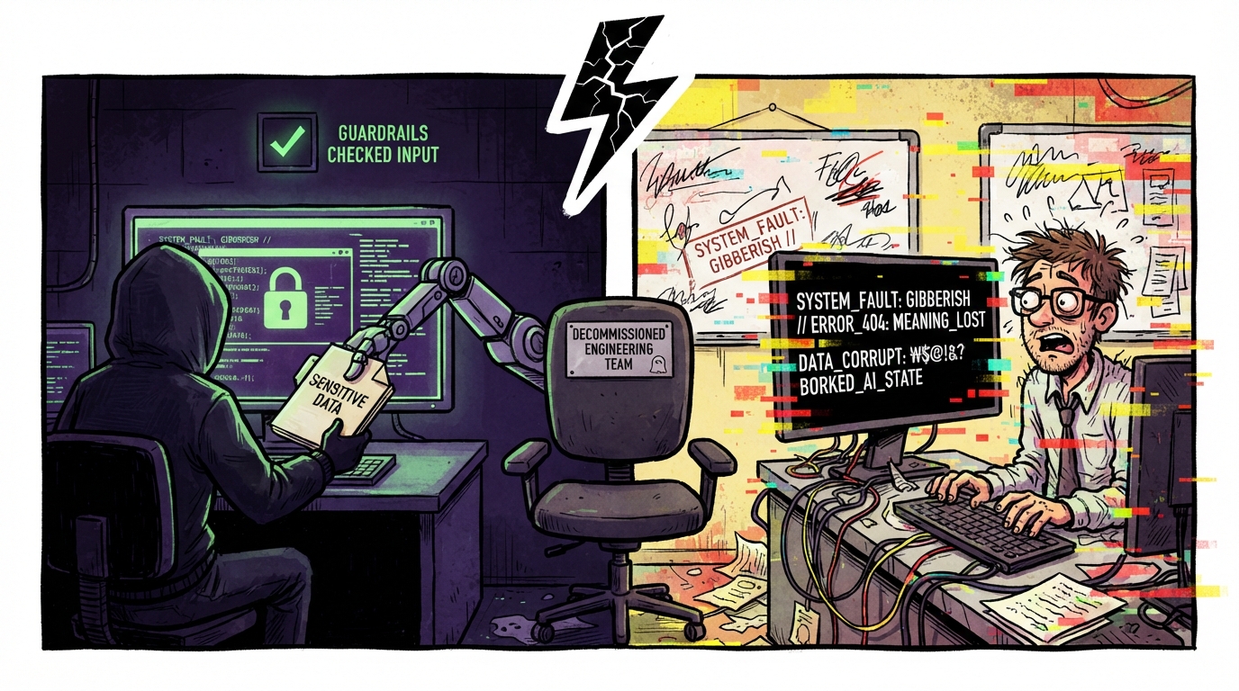 A hooded hacker receives data from a robotic hand on the left while a bewildered user stares at a glitching screen on the right.