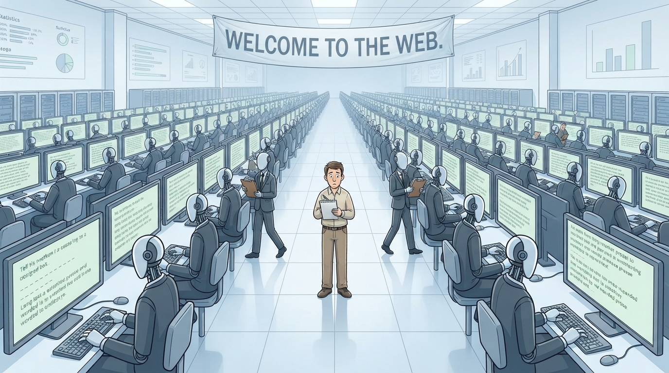 A lone human with a paper notepad stands confused among robots typing at screens in a sterile server hall.