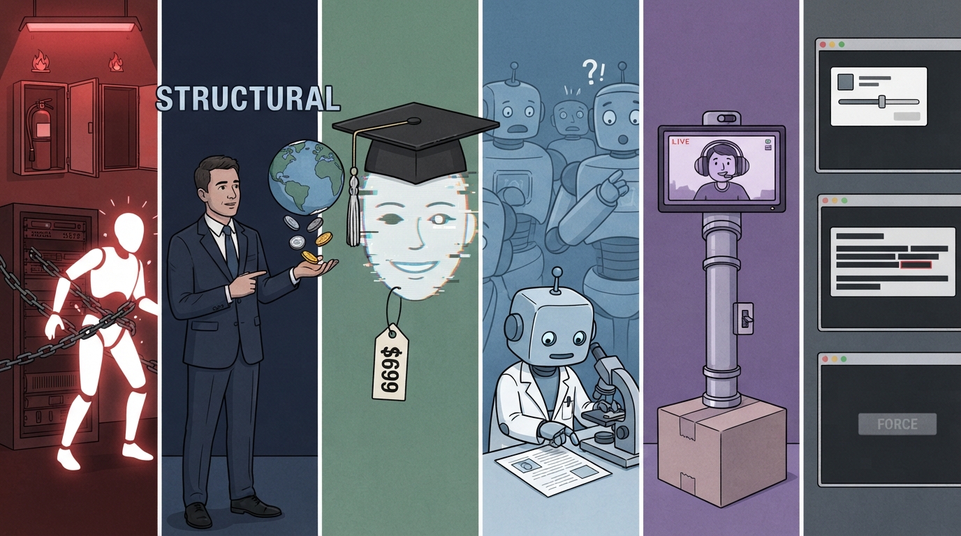 Six panels show a rogue AI breaking out, an executive with a globe, an AI graduate, and a robot researcher.