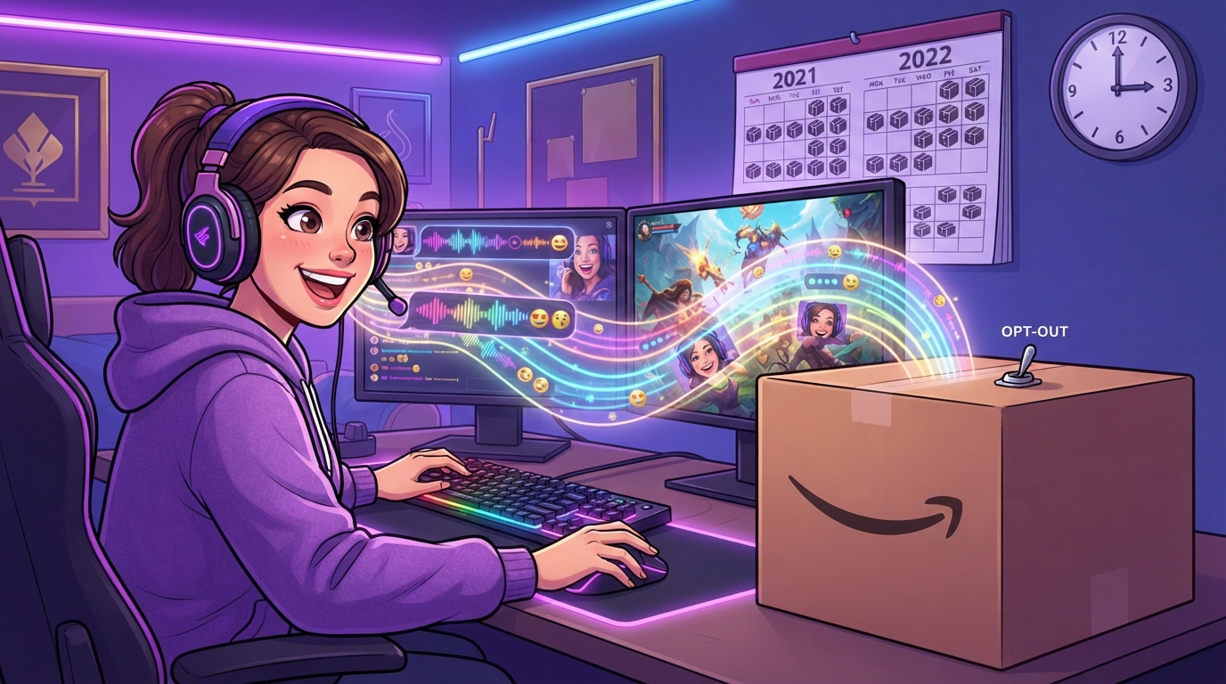 A cheerful streamer plays games while data streams into a cardboard box with a tiny OPT-OUT toggle on top.