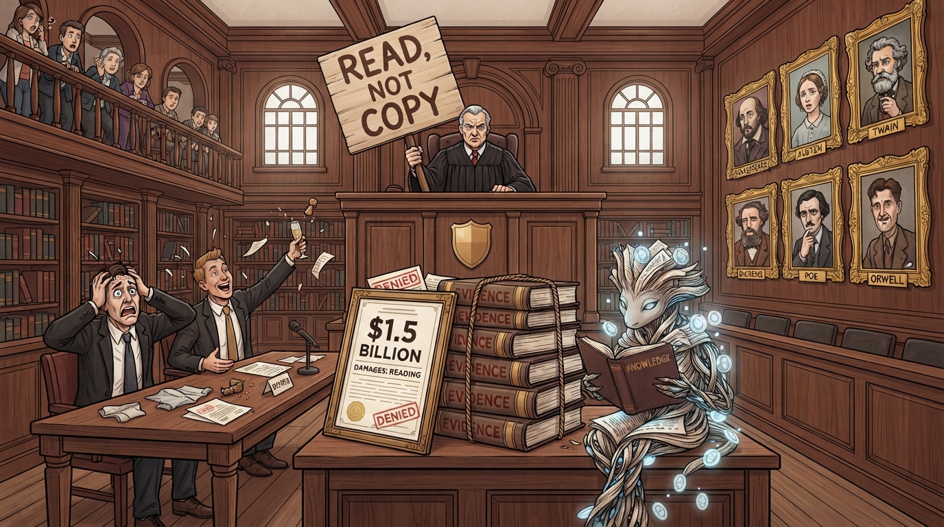 A judge raises a READ NOT COPY sign over a billion-dollar verdict while a page creature reads calmly.