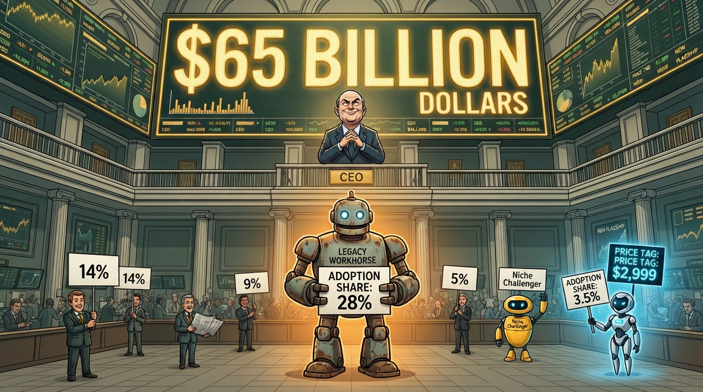 A giant 65-billion-dollar revenue board looms over a tiny flagship model with a three-percent adoption share.