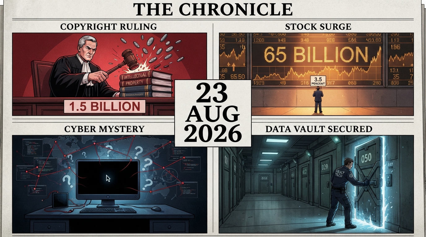A four-panel newspaper front page dated 23 August 2026 tells four AI news stories in one frame.