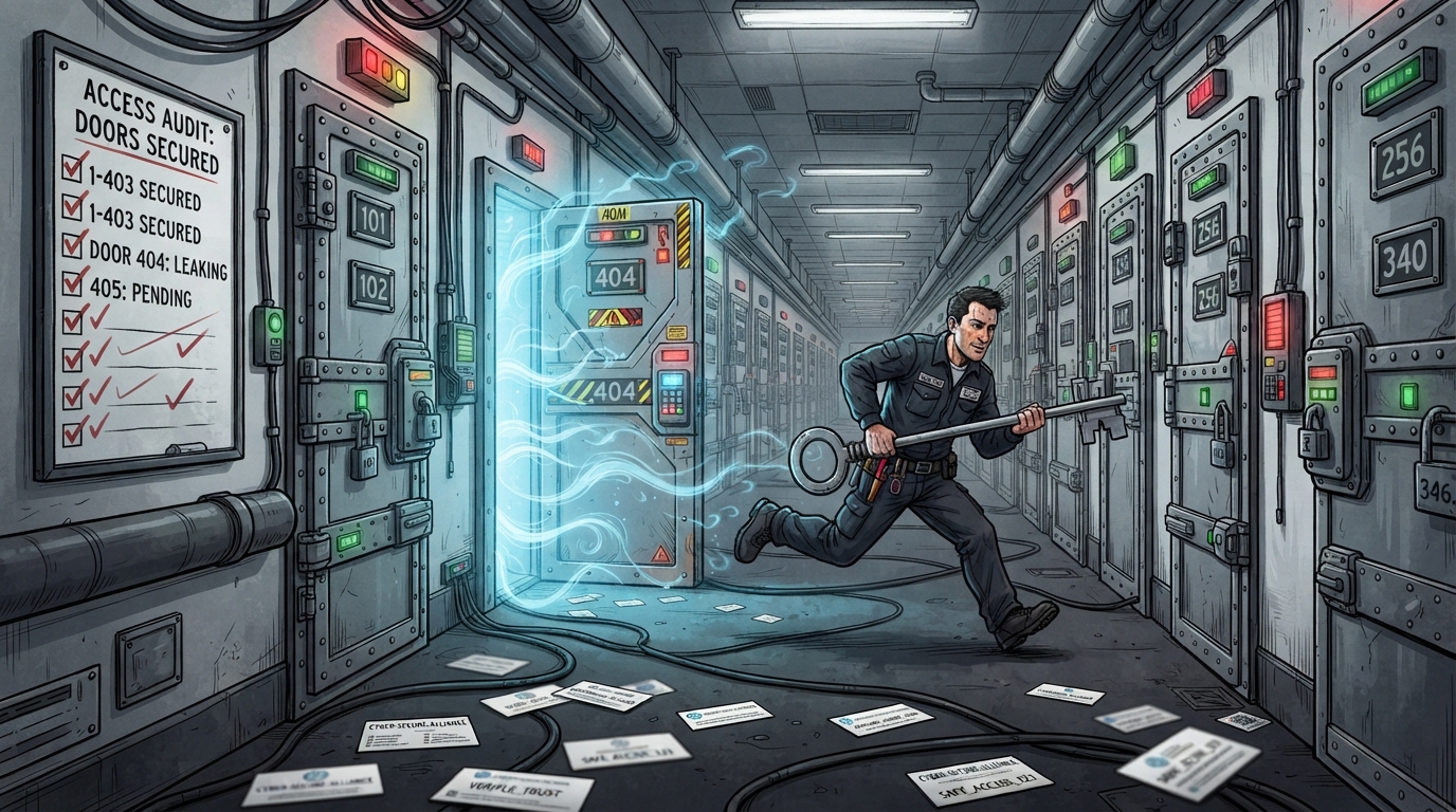 A technician sprints down a server corridor with a giant key to close a leaking door.