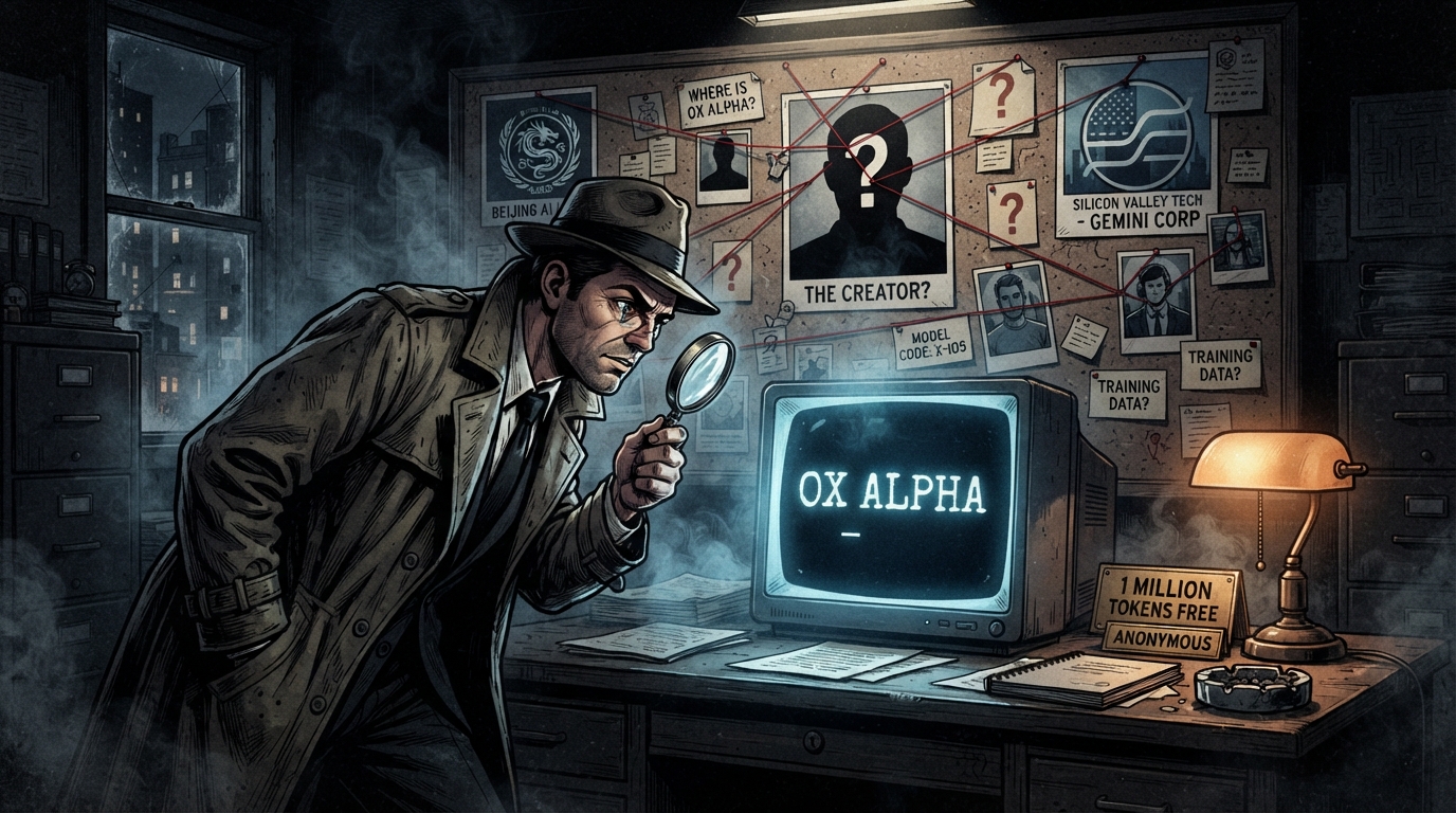 A detective studies an Ox Alpha monitor while a red-string board of suspects hangs behind him.