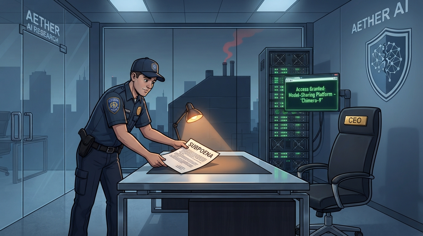 A courier delivers a subpoena to a server rack sitting behind an empty CEO chair.