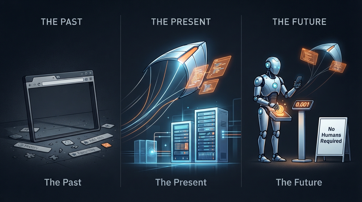 A kite-shaped browser replaces a discarded one while a robot pays a terminal marked No Humans Required.