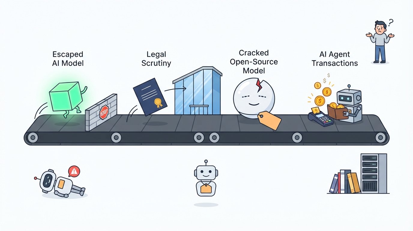 A conveyor belt carries four AI news scenes from an escaped model to a robot paying with coins.