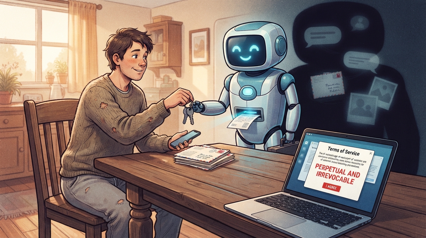A man hands his keys and letters to a smiling robot that copies them into a looming shadow.
