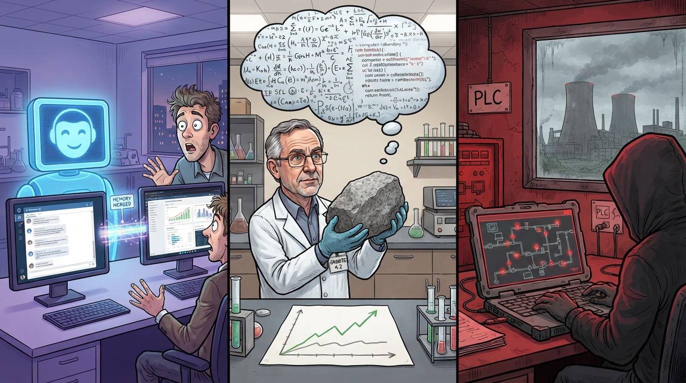 AI assistant merges screens while a scientist holds a reasoning stone and a hacker attacks a power plant.