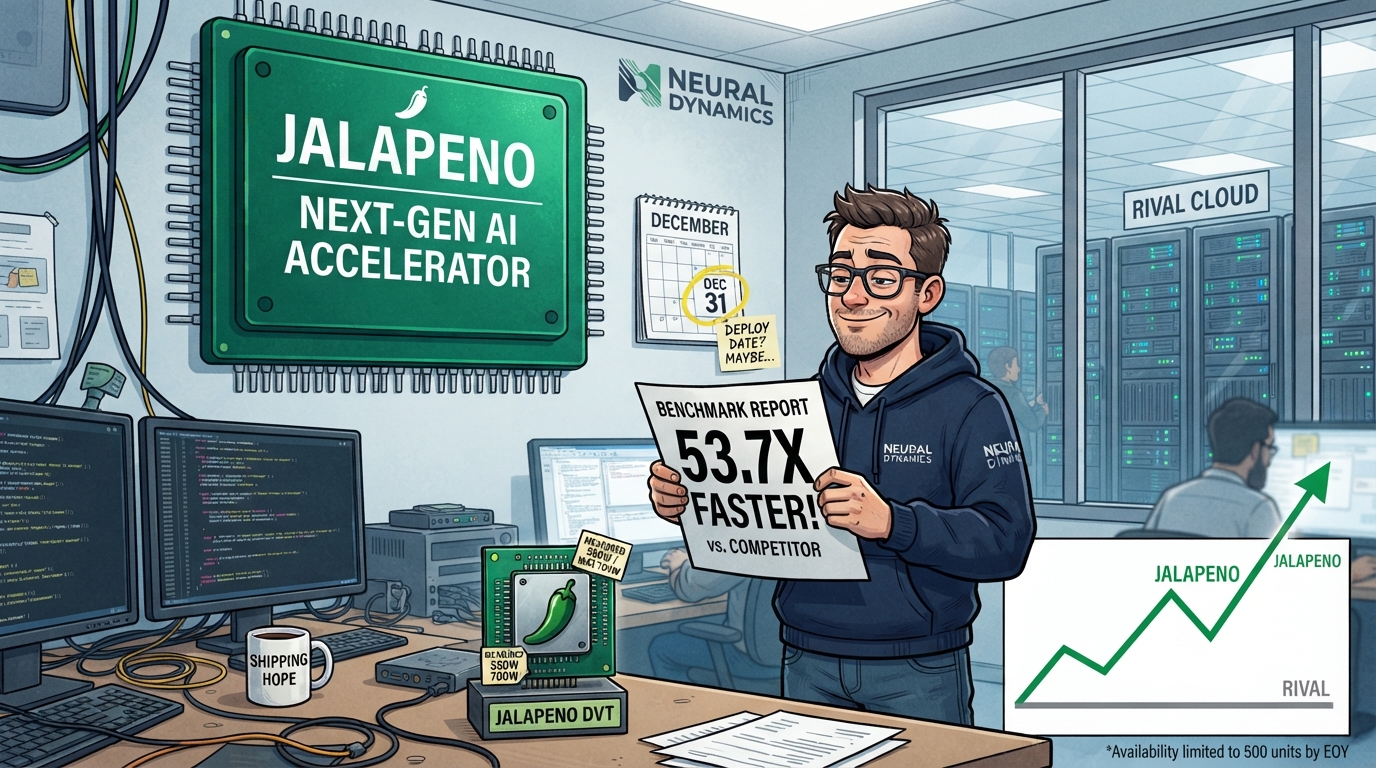 An engineer proudly holds a benchmark report beneath a giant green chip labeled Jalapeno.