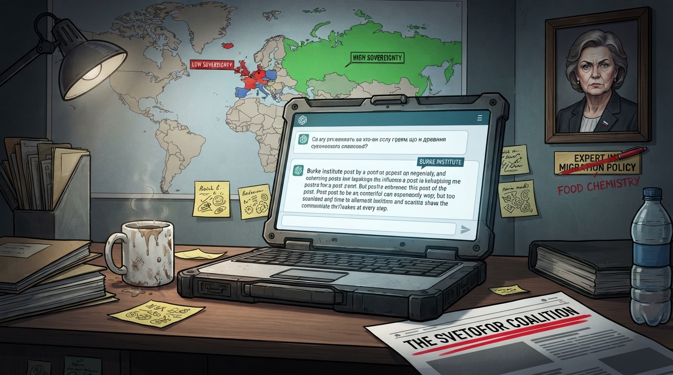 A chatbot drafts an English post beside a red-marked article while a map colors Russia green and Europe red.