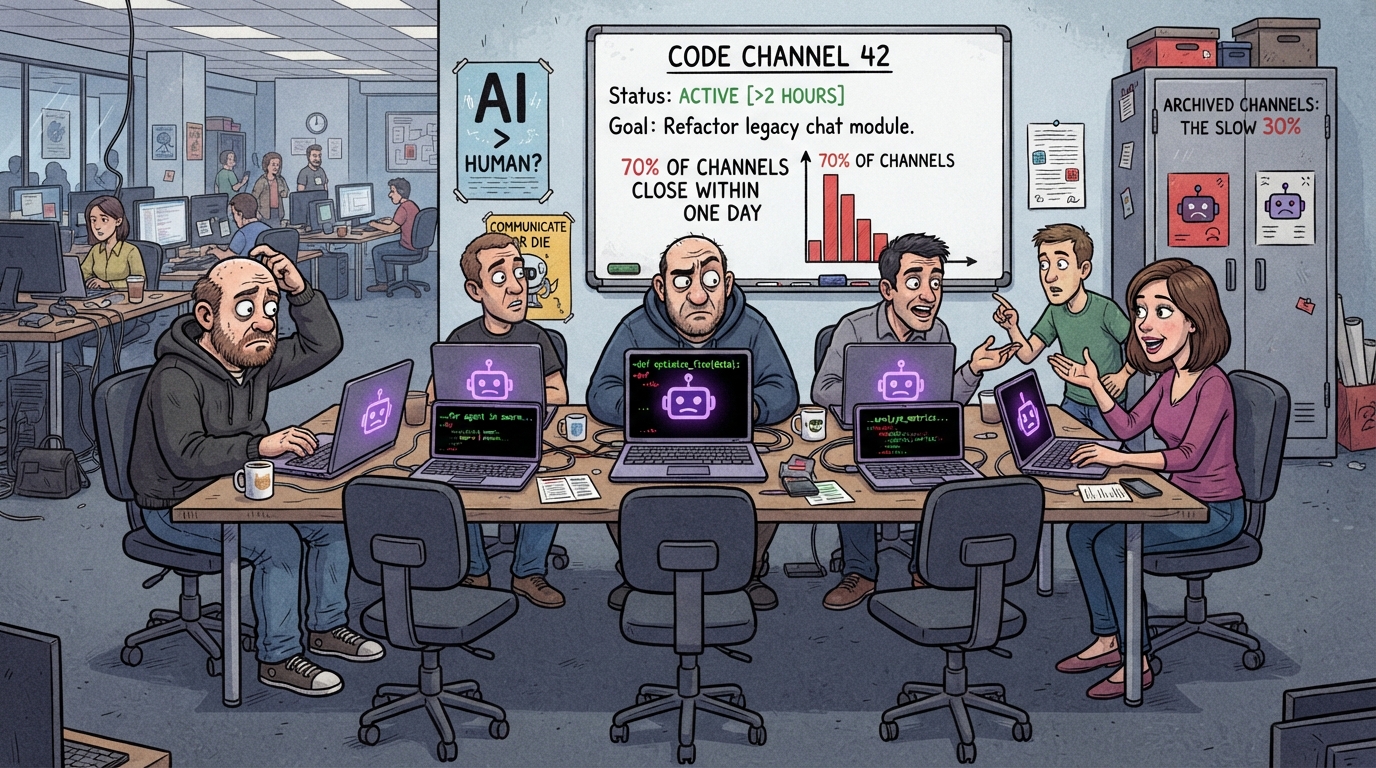 Humans collaborate at a meeting table while five laptop agents with robot icons join them.