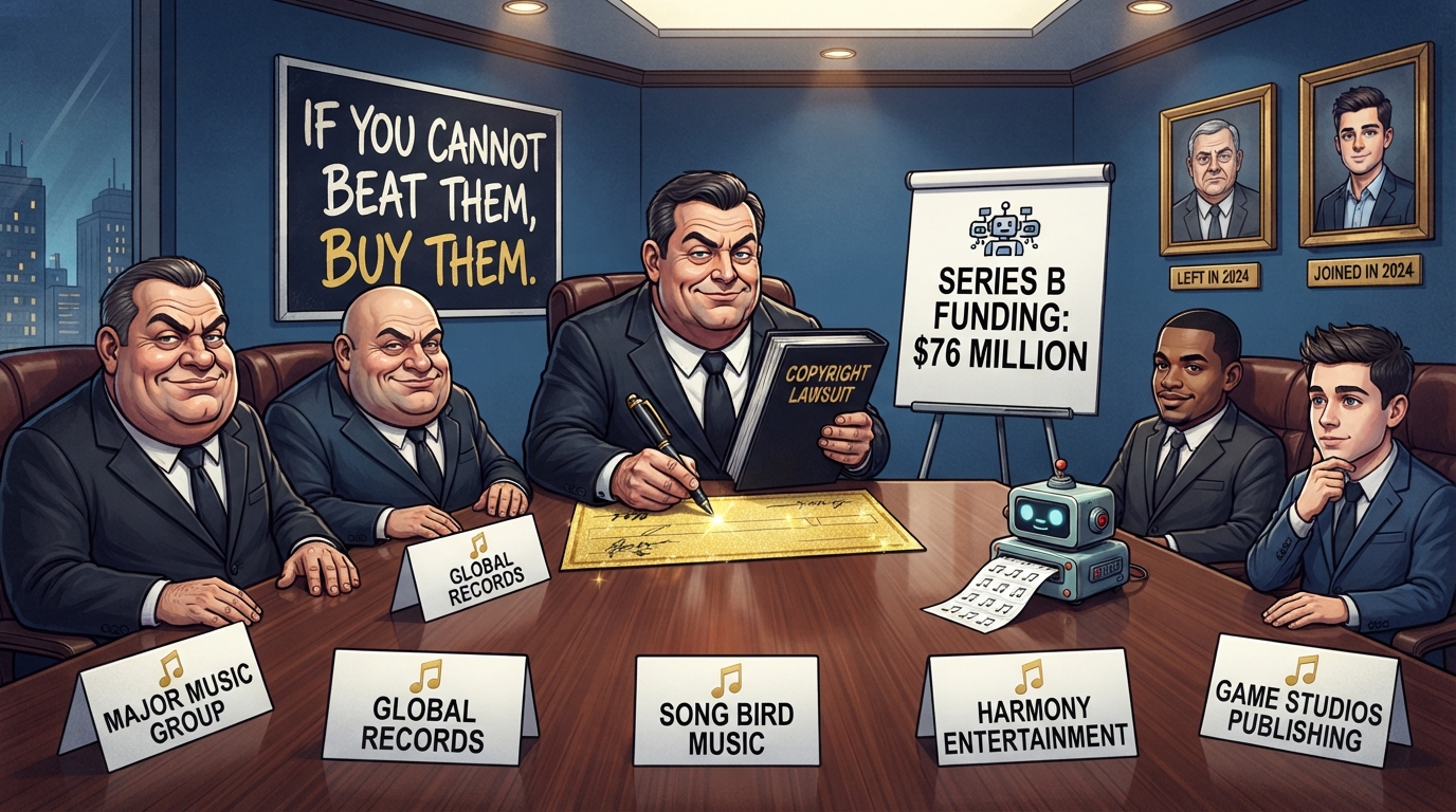 A label executive signs a golden check while holding a copyright lawsuit in the other hand.