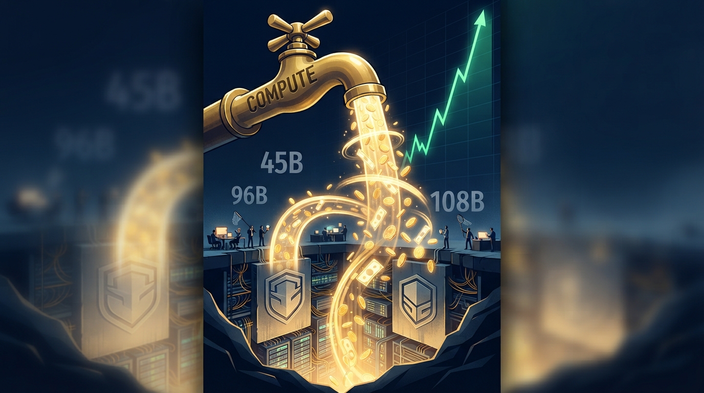 A giant golden faucet pours coins into a bottomless data-center pit surrounded by tiny workers with nets.
