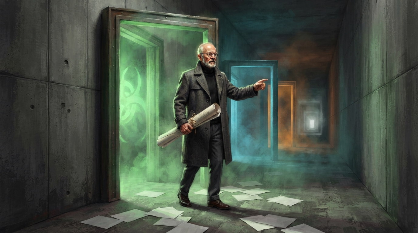 A bearded man holding a rolled document faces three warning-colored doorways in a concrete corridor.