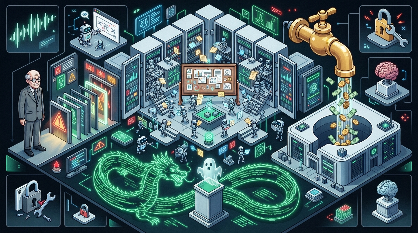 Tiny robots cluster around a bulletin board while a golden faucet pours coins into a data-center pit.
